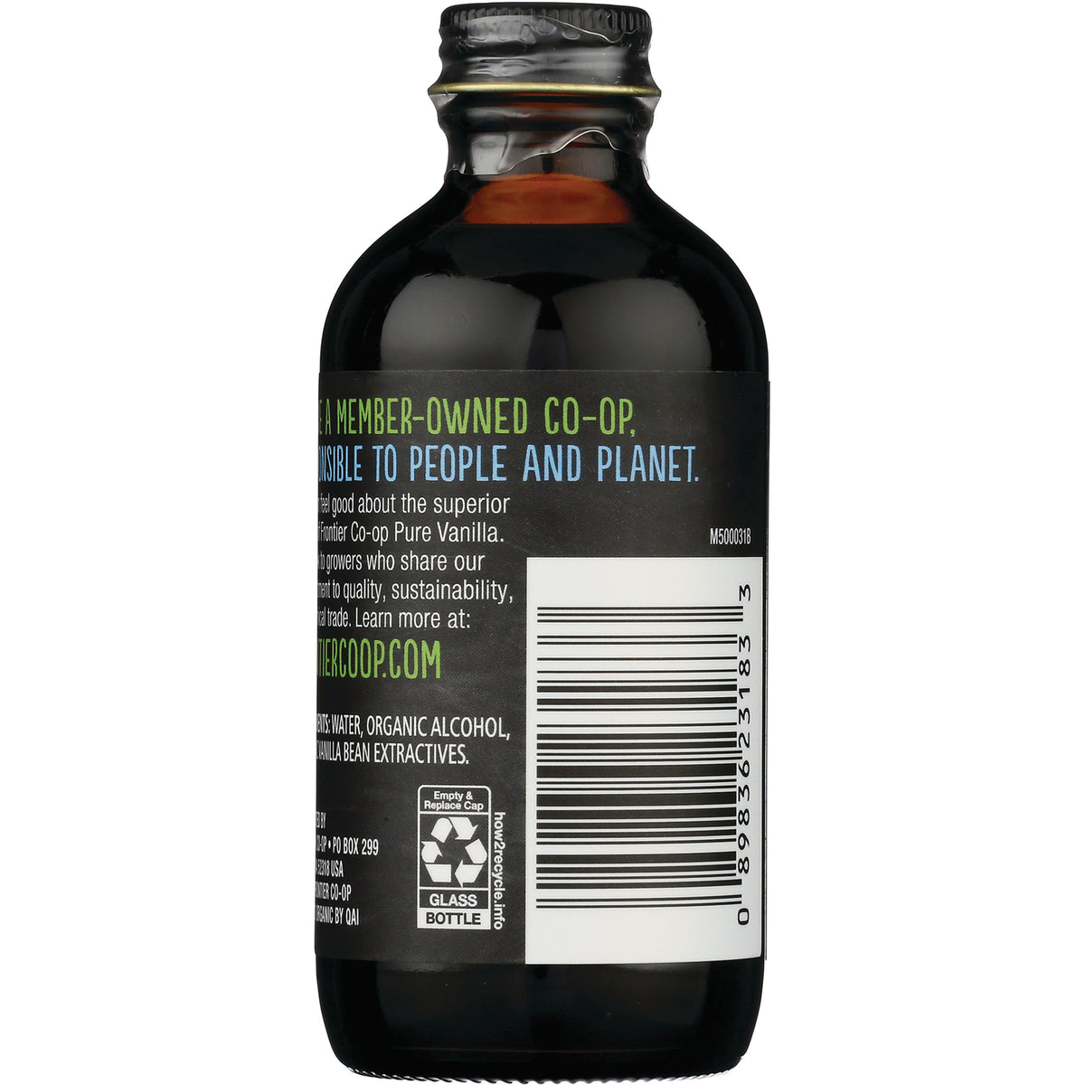 FNP049 | back label of small glass vanilla extract bottle showing ingredients, barcode, and recycling symbol