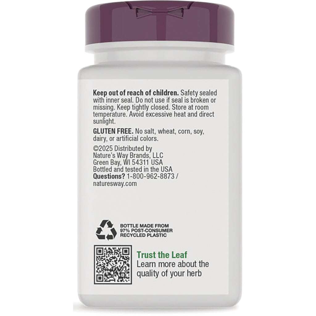 ET262 | Back label of white supplement bottle showing safety instructions, GLUTEN FREE note, recycle icon and QR code - Thumbnail