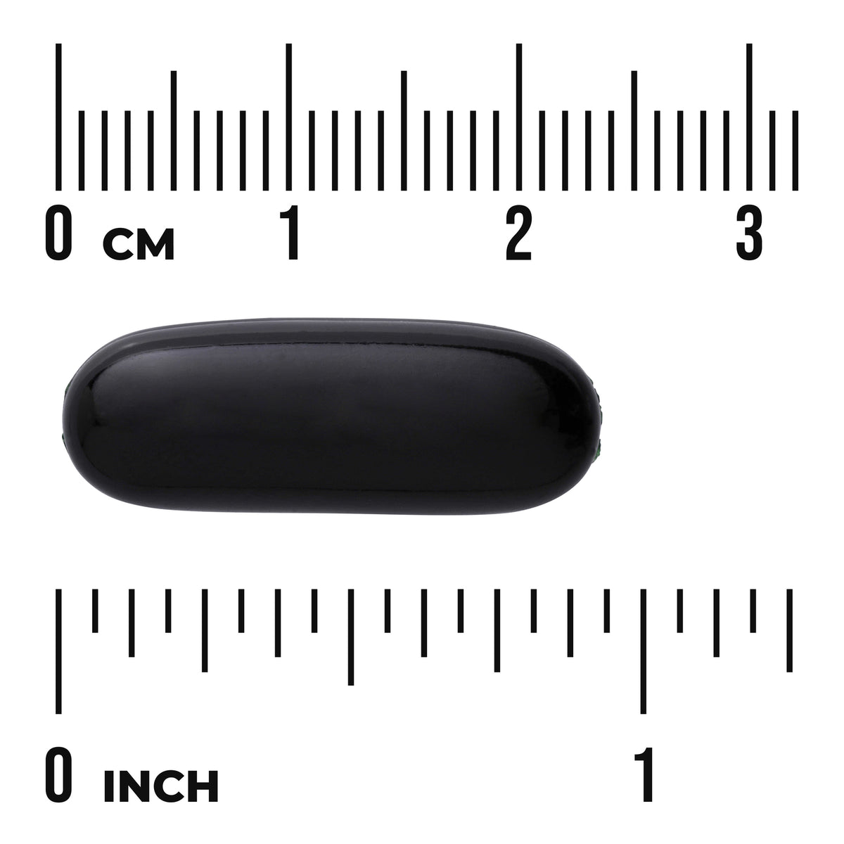SWU198 | Black softgel capsule beside cm and inch rulers for size reference, visible text 'CM' and 'INCH'