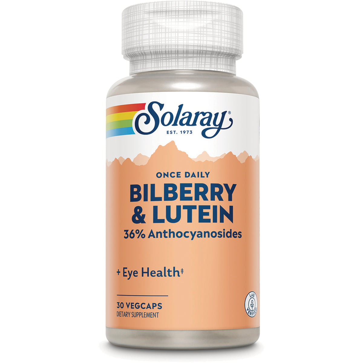 SLR325 | Solaray Bilberry & Lutein supplement bottle with 36% anthocyanosides, 30 vegcaps