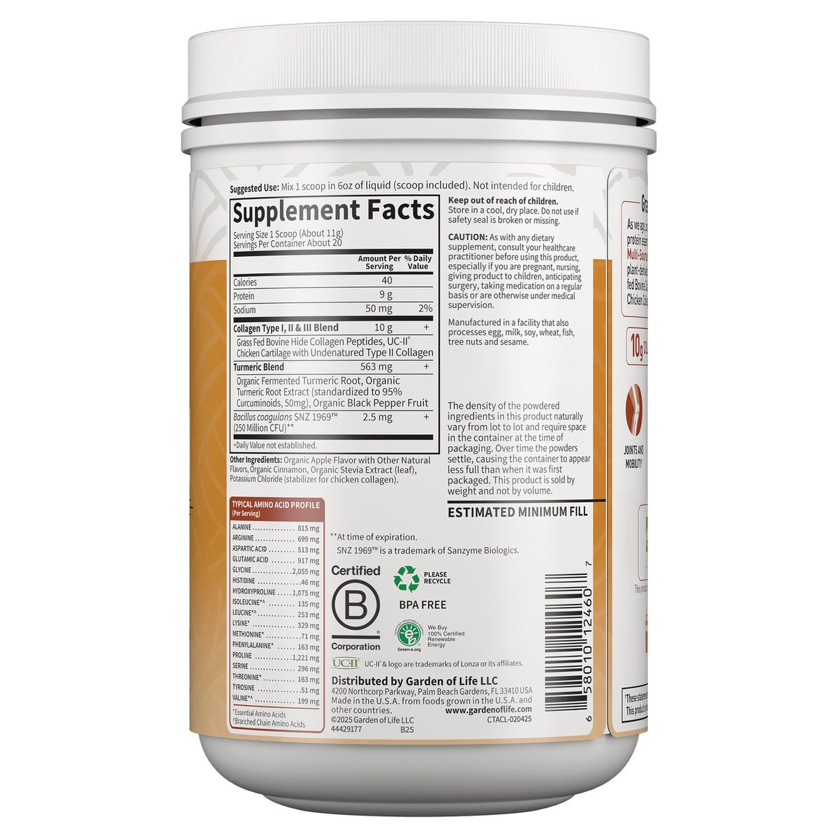 GLF281 | Back label showing Supplement Facts panel, ingredient list, certifications and barcode on white tub