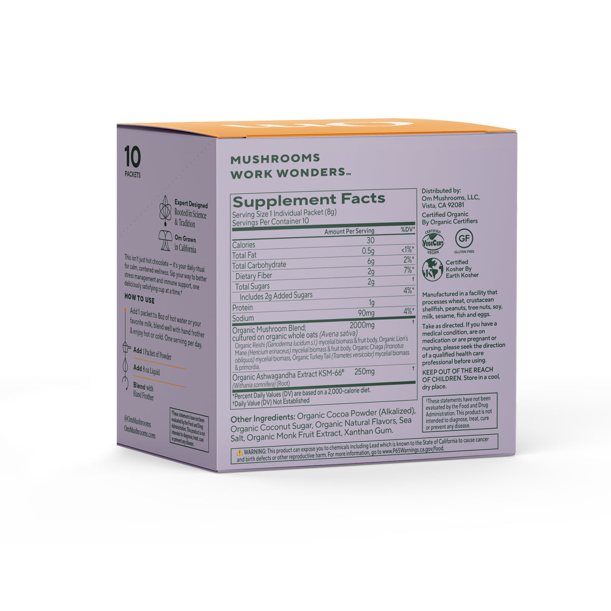 MMX038 | back panel showing Supplement Facts table and ingredients for certified organic mushroom powder blend
