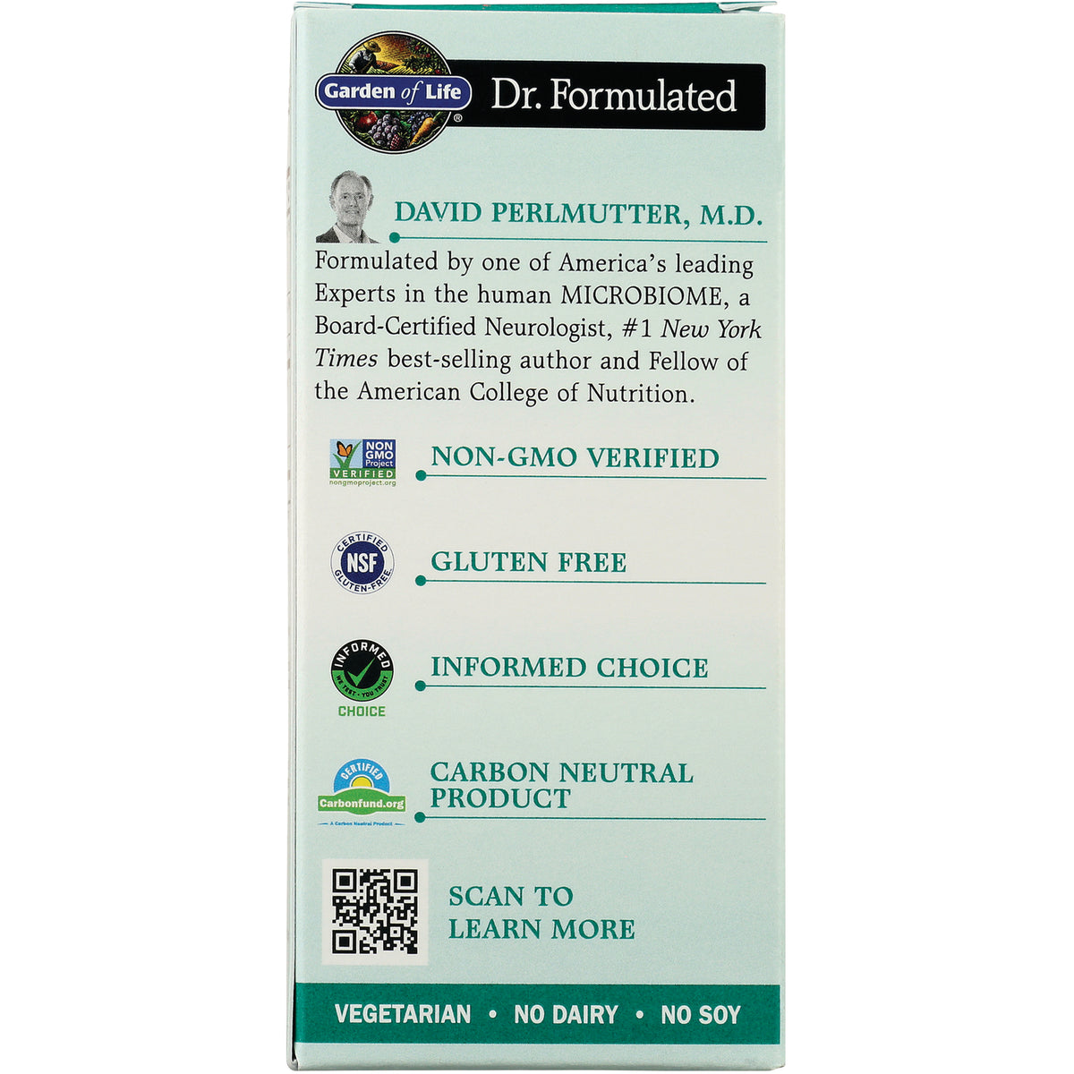 Box back listing Non-GMO Verified, Gluten Free, Informed Choice, Carbon Neutral Product and QR code to scan