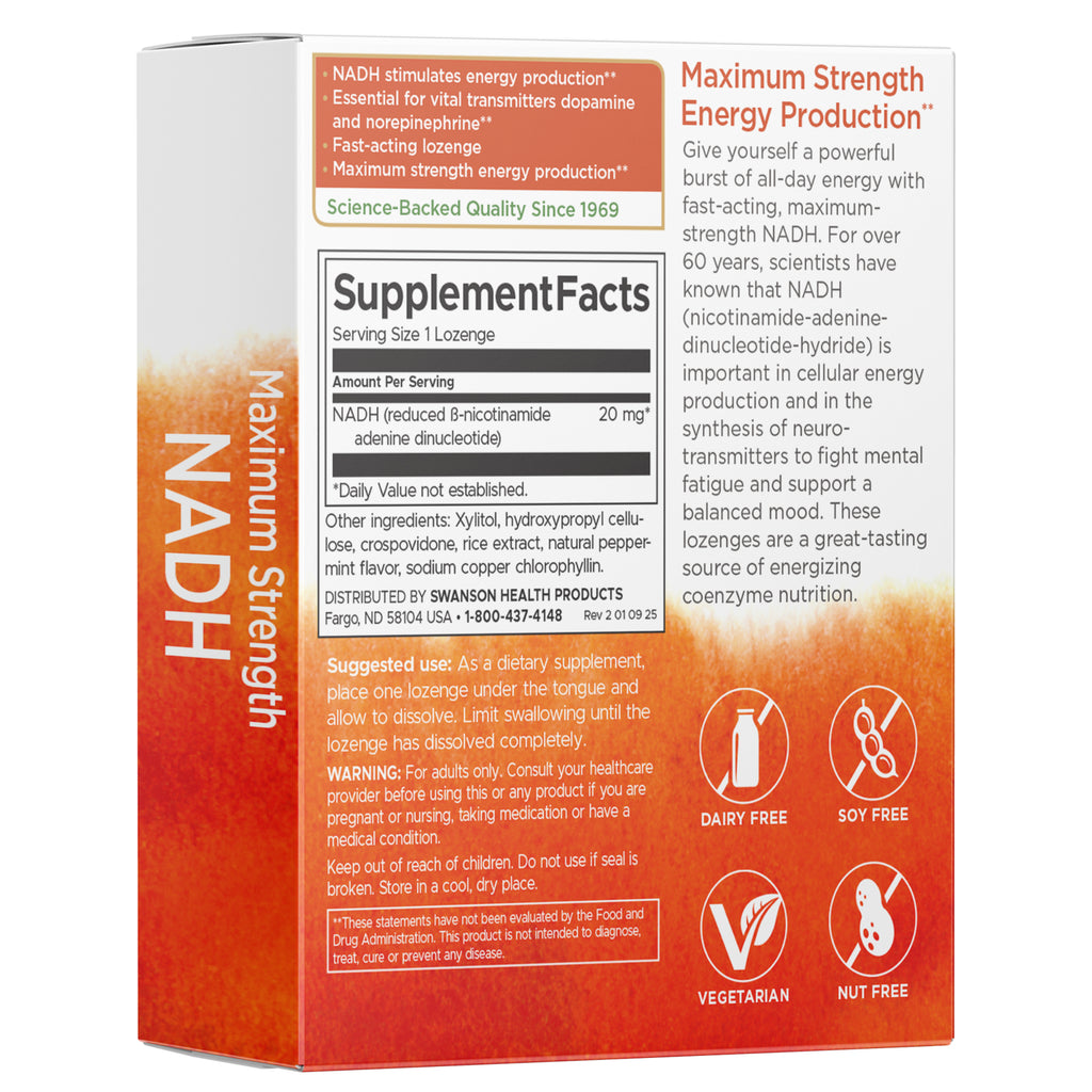 SWU427 | Back of Maximum Strength NADH lozenges box showing Supplement Facts, usage, and Dairy Free, Soy Free, Vegetarian, Nut Free icons - Thumbnail