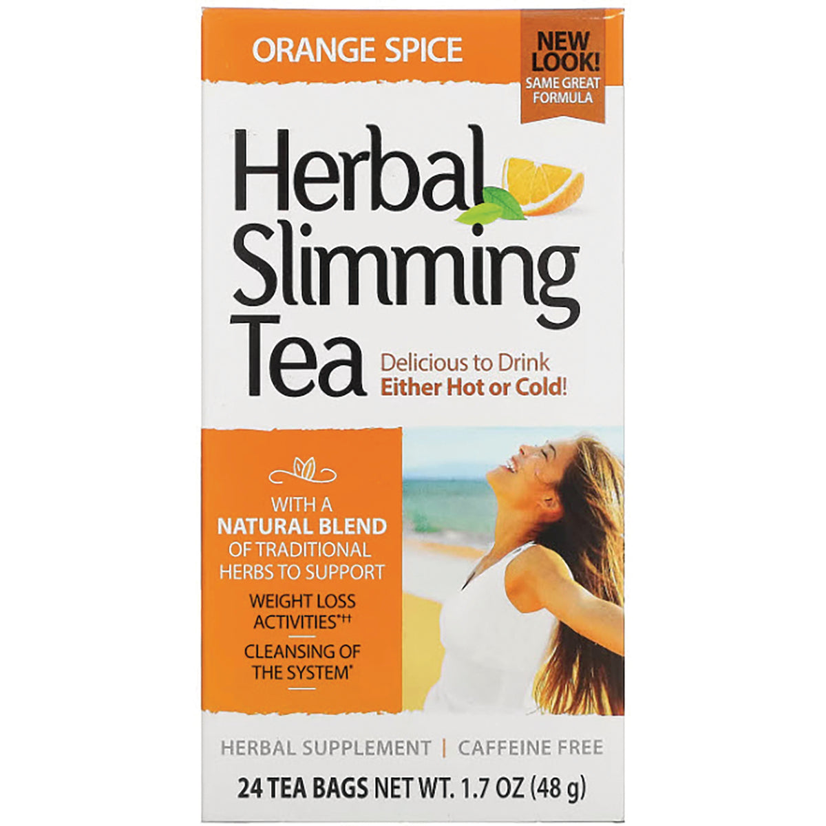 CNT151 | Herbal Slimming Tea Orange Spice box front showing 24 tea bags and a smiling woman at the beach