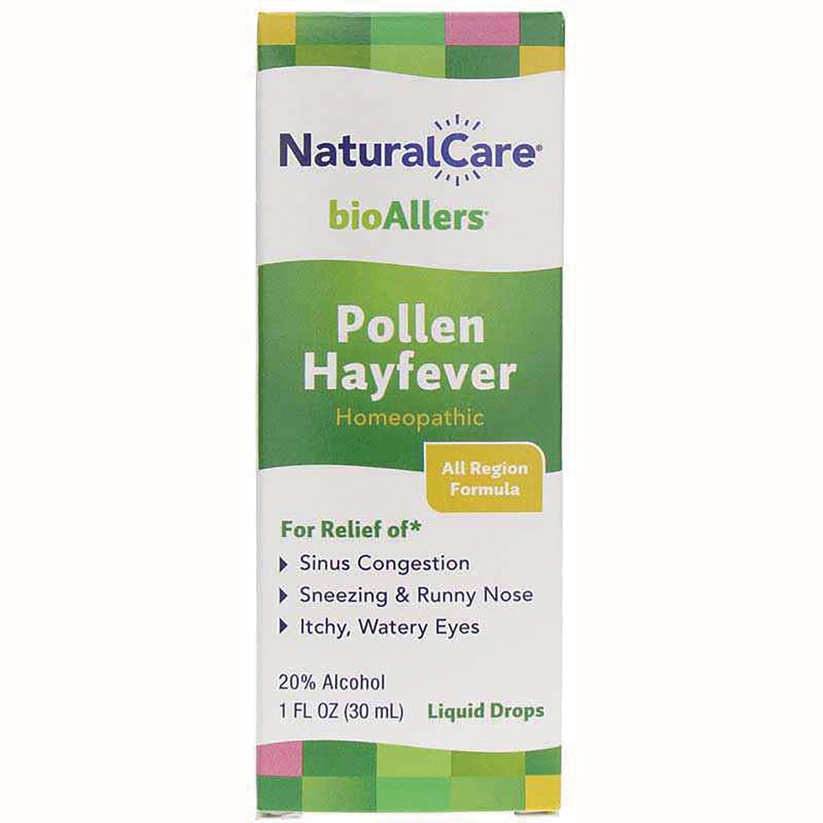 NTB041 | NaturalCare bioAllers Pollen Hayfever homeopathic liquid drops box front showing benefits and 1 fl oz