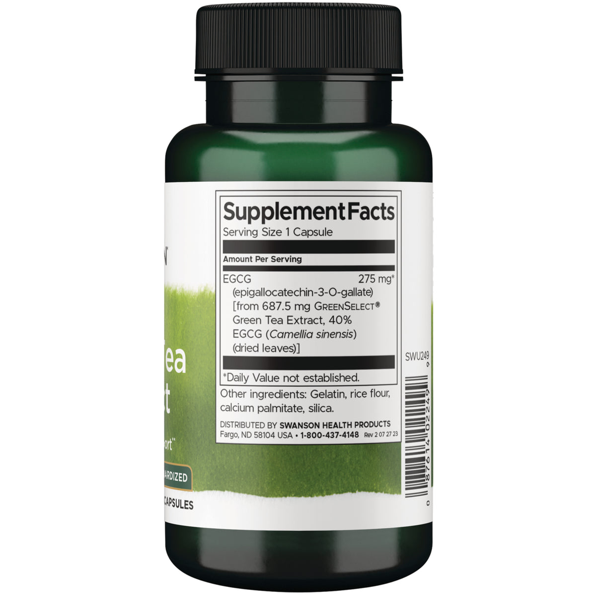 SWU249 | Back label with Supplement Facts: serving size 1 capsule, EGCG 275 mg