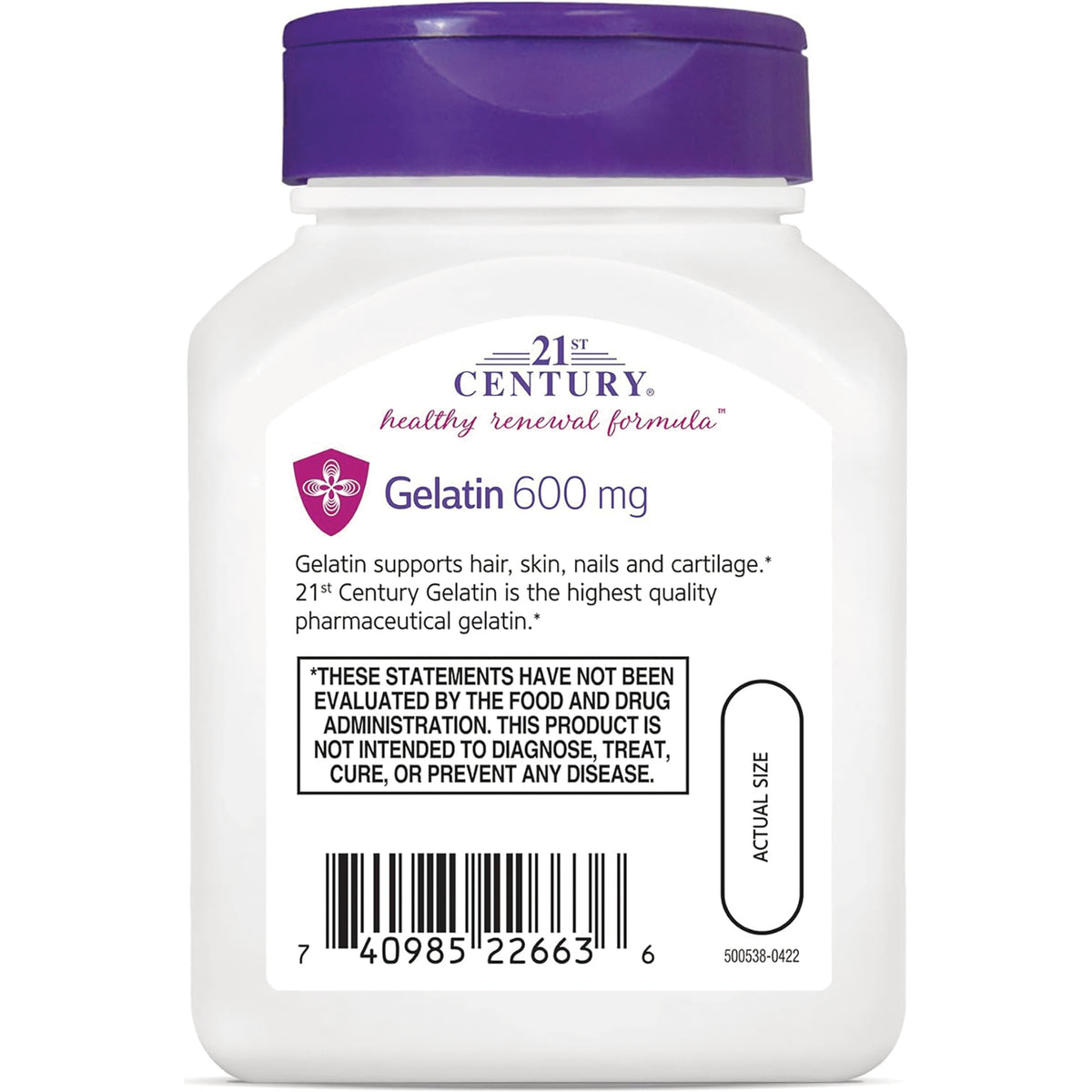 CNT056 | 21st Century Gelatin 600 mg supplement label showing product name, dosage, barcode, and FDA disclaimer