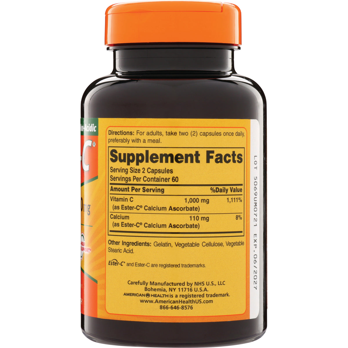 AM114 | Supplement Facts label on bottle showing Serving Size 2 Capsules; Vitamin C 1,000 mg and Calcium 110 mg