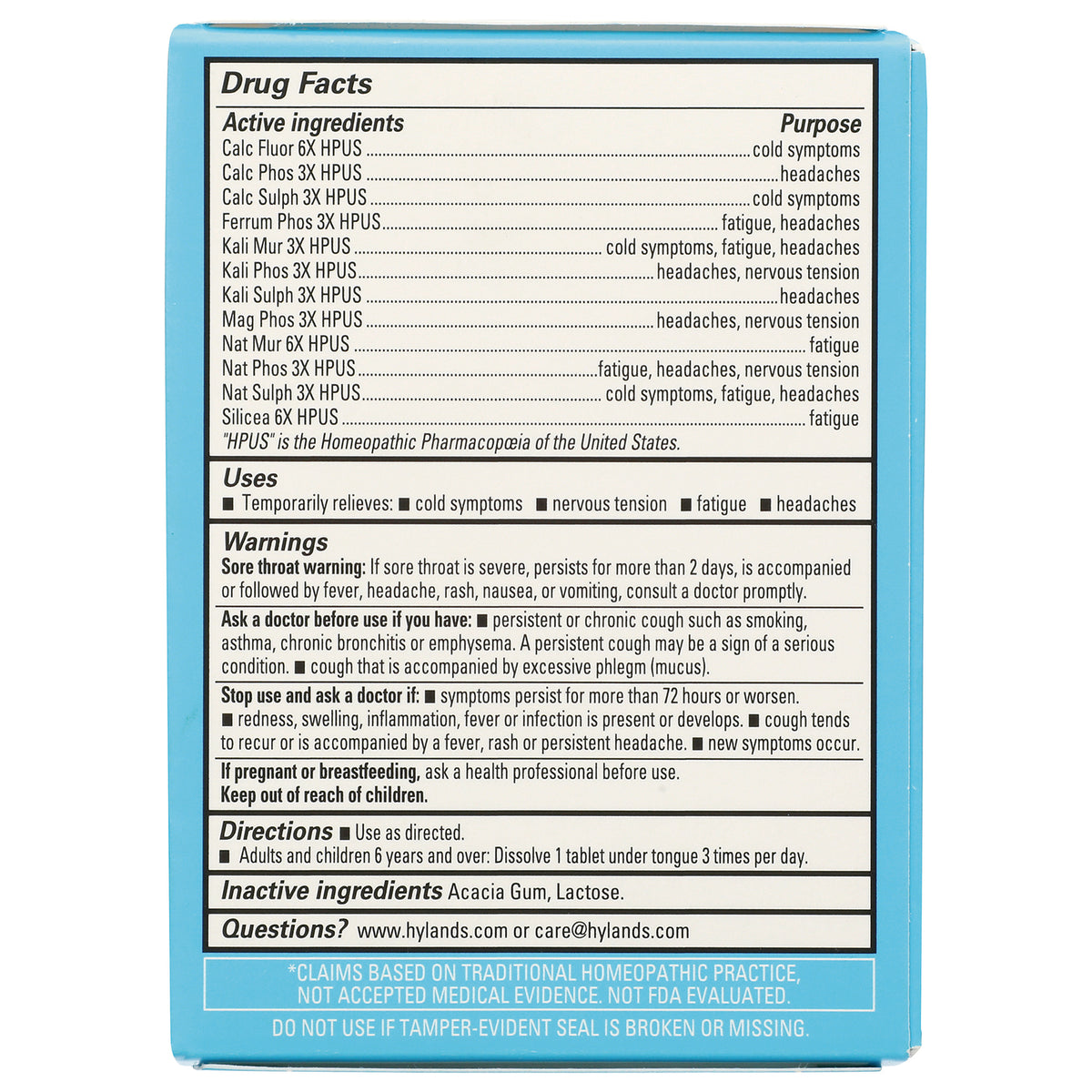 HY259 | back panel showing drug facts with active and inactive ingredients, uses, warnings, and directions