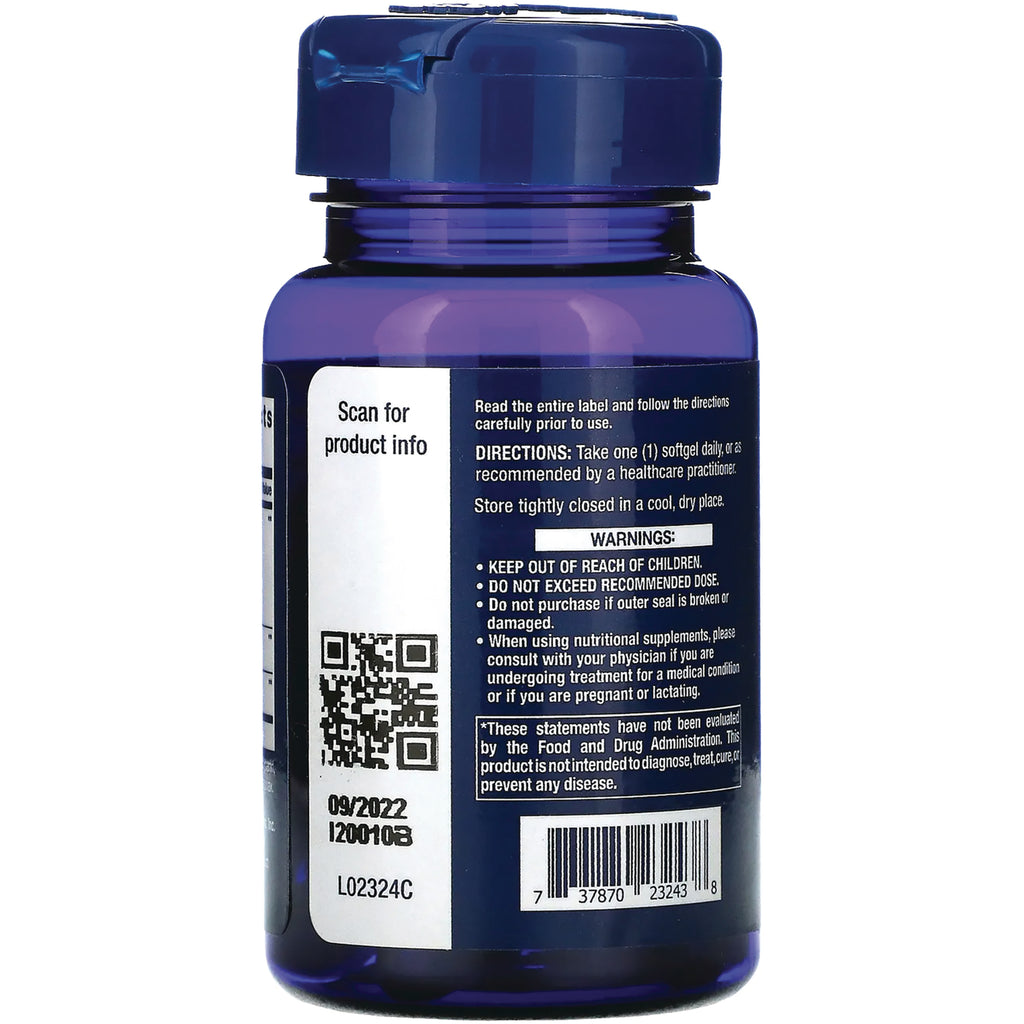 LE576 | back of blue supplement bottle showing directions, warnings, QR code, and barcode - Thumbnail
