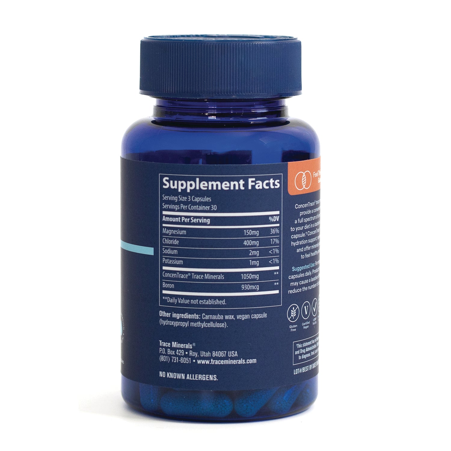 TM116 | Back of Trace Minerals supplement bottle showing Supplement Facts panel