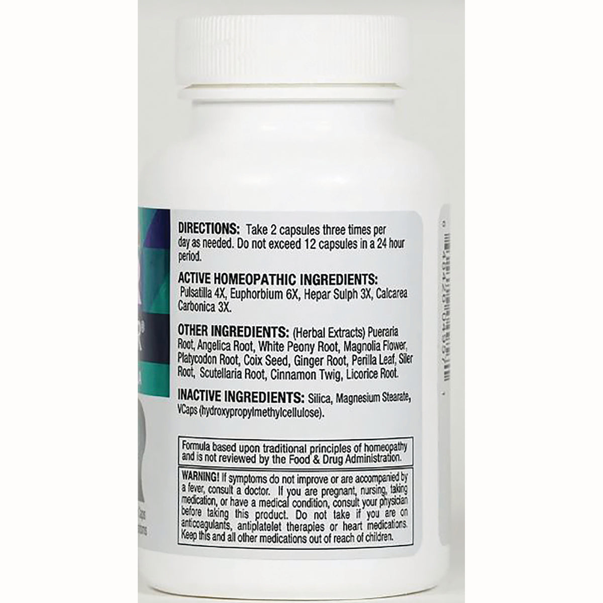 CLP008 | Back label of white supplement bottle showing directions, active and inactive ingredients and warning text