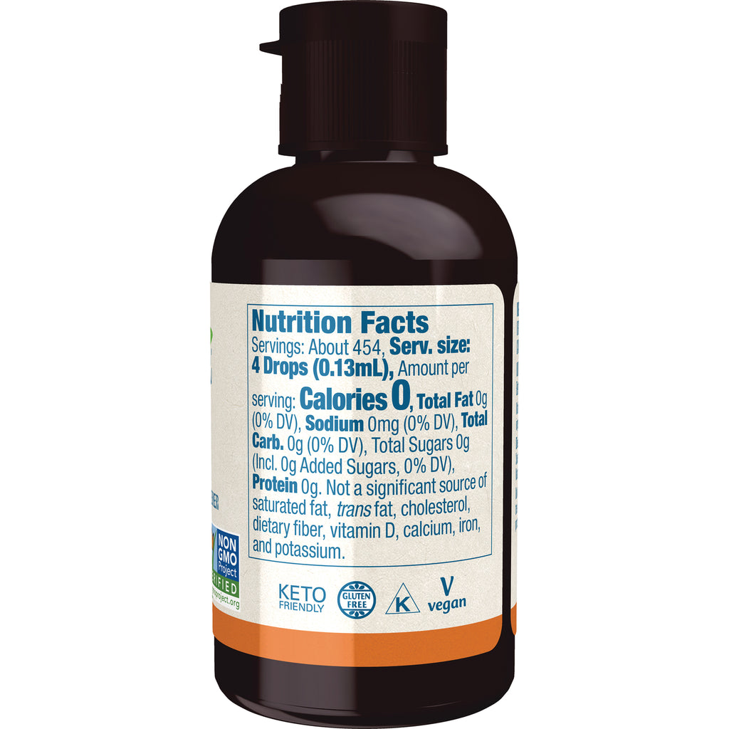 NWF096 | Back of amber dropper bottle showing nutrition facts panel and keto, gluten free, vegan icons - Thumbnail
