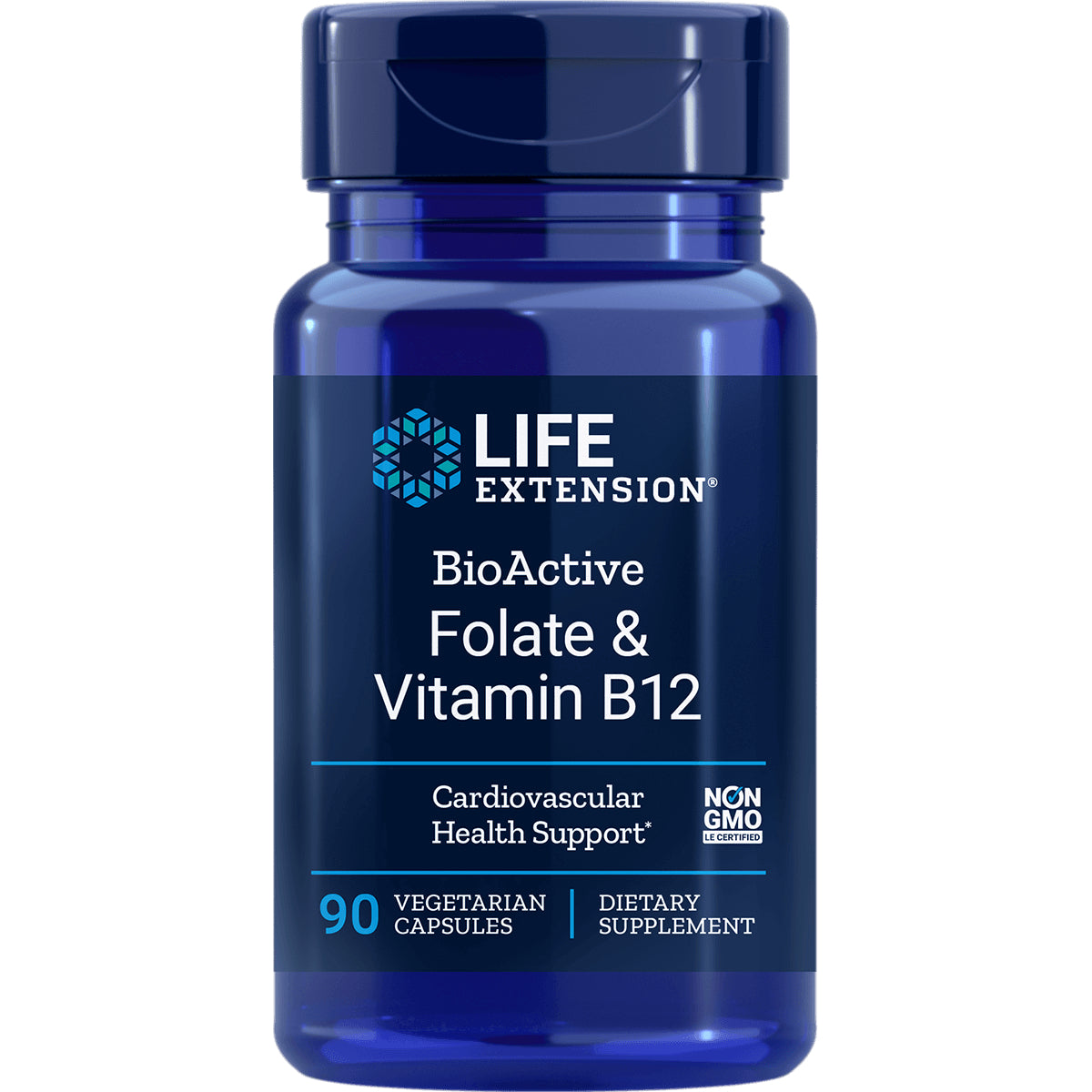 LE385 | Life Extension BioActive Folate & Vitamin B12 supplement bottle front label showing 90 vegetarian capsules