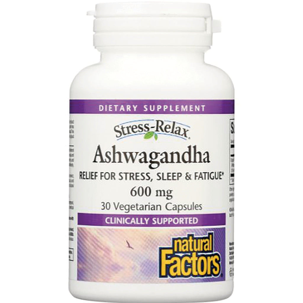 NFC155 | Bottle of Stress-Relax Ashwagandha 600 mg dietary supplement, 30 vegetarian capsules, Natural Factors label - Thumbnail