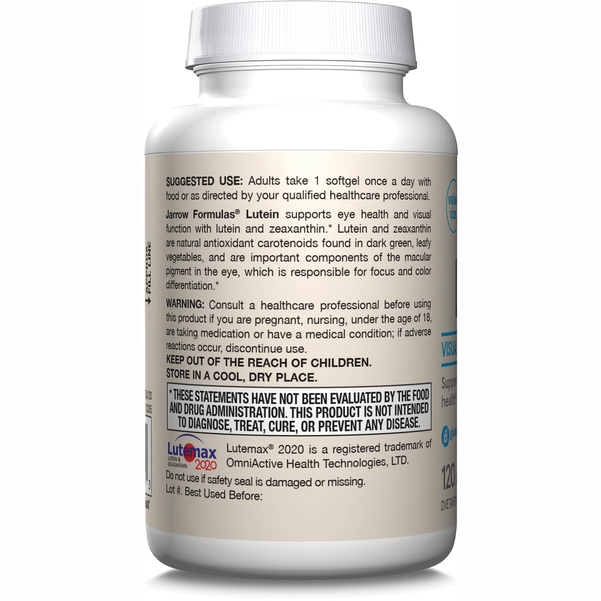 JR322 | back label of white supplement bottle showing suggested use, warnings, and disclaimer text