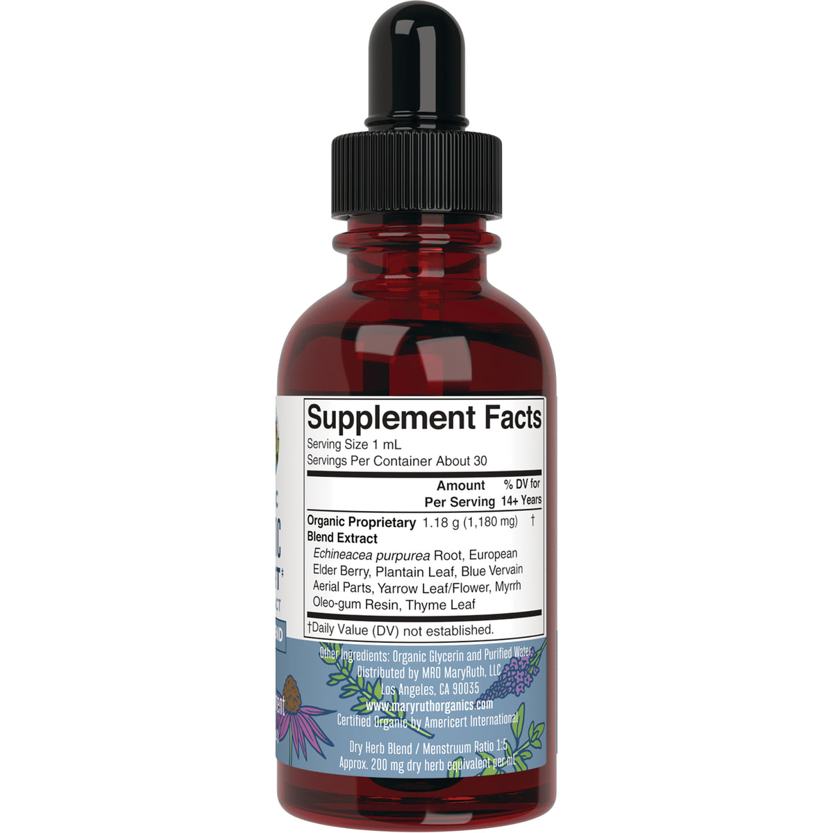 MRR027 | Back label showing Supplement Facts, serving size and ingredient list on amber dropper bottle