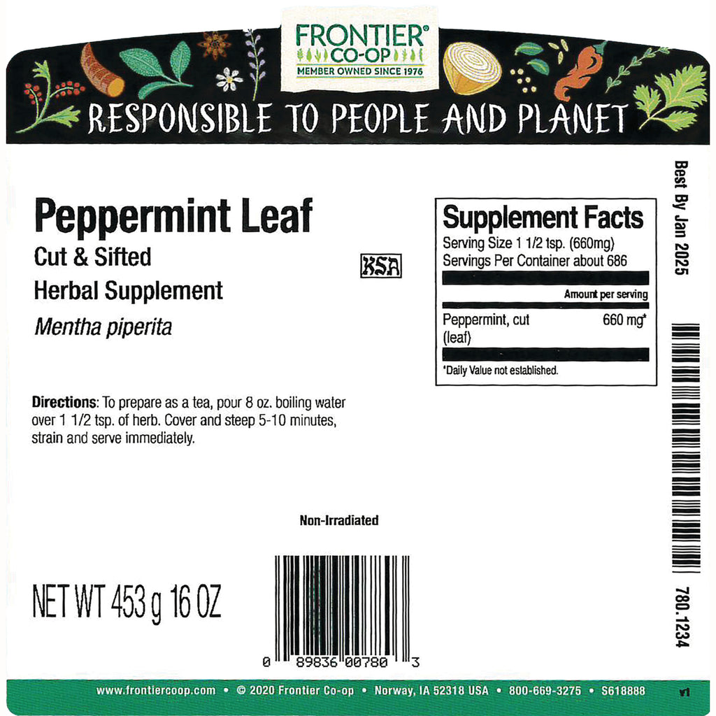 FNP387 | Back label of Frontier Co-op Peppermint Leaf herbal supplement showing supplement facts, directions, barcode, net wt 453 g 16 oz - Thumbnail
