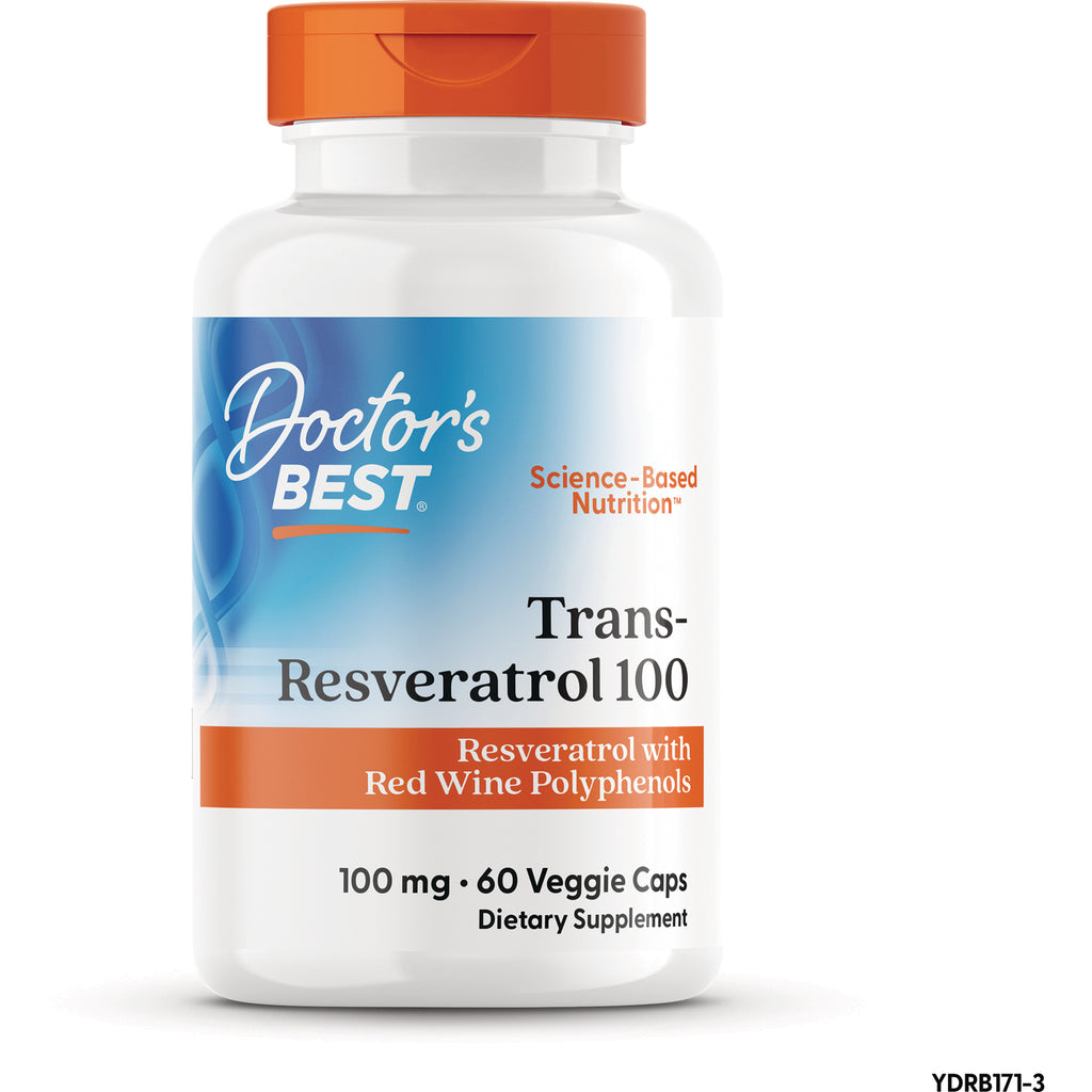 DB094 | Doctor's Best Trans-Resveratrol 100 bottle, 100 mg, 60 veggie caps, label: Resveratrol with Red Wine Polyphenols - Thumbnail