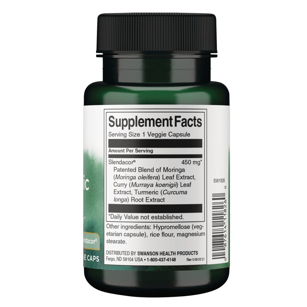 SW1826 | Back label with Supplement Facts, serving size 1 veggie capsule, Slendacor patented blend 450 mg - Thumbnail