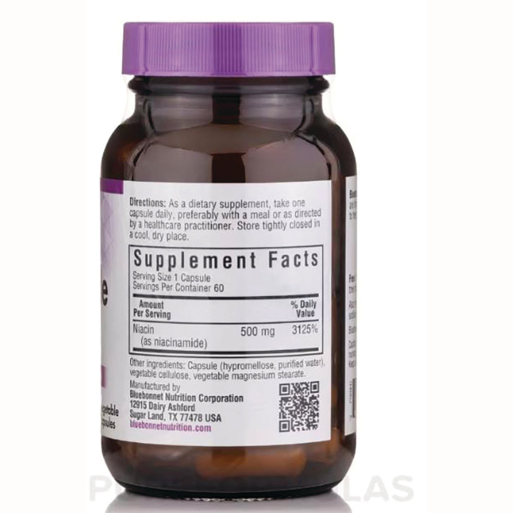 BLU105 | Back of amber bottle showing Supplement Facts label and Niacin 500 mg serving information - Thumbnail