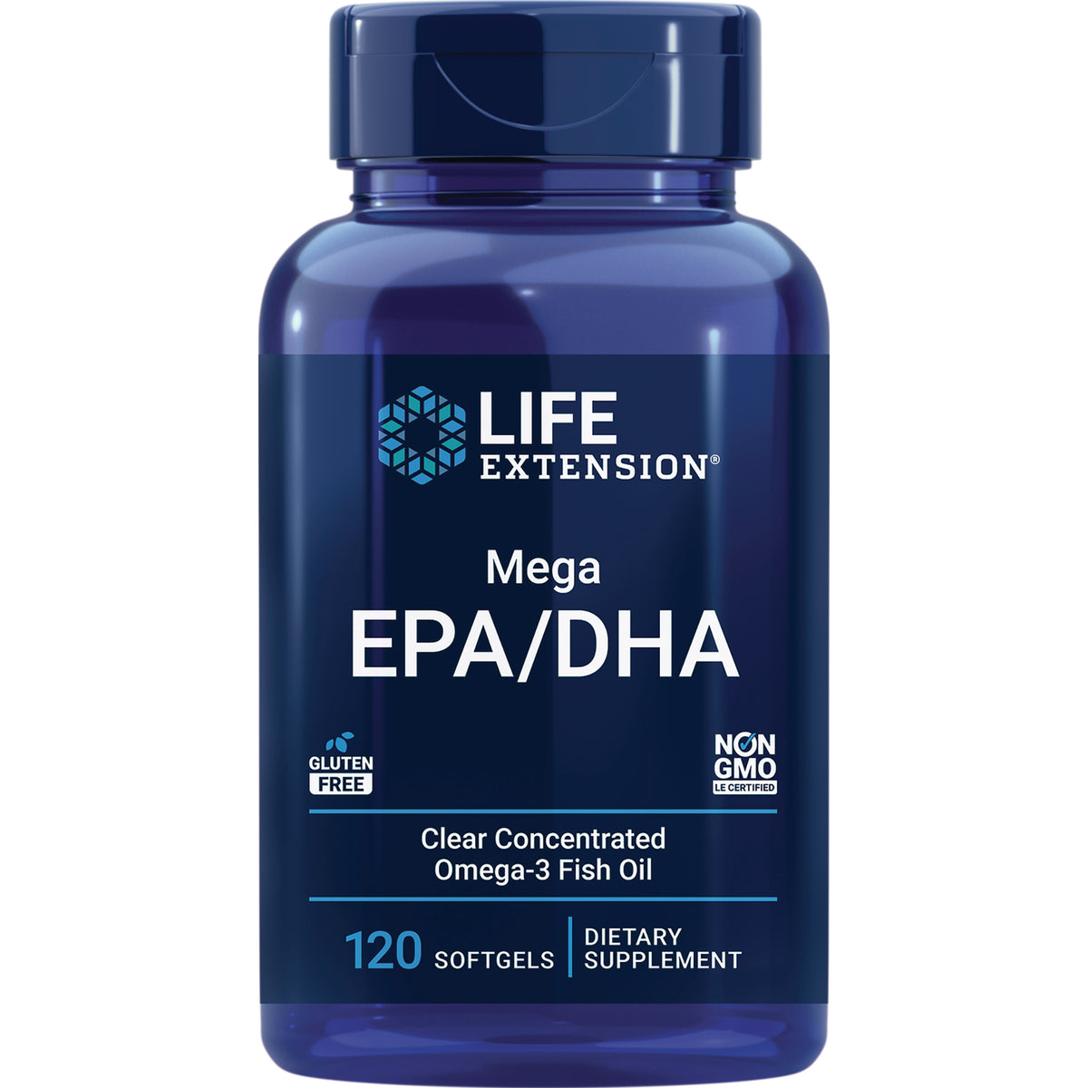 Life Extension Mega EPA/DHA bottle, 120 softgels clear concentrated Omega-3 fish oil