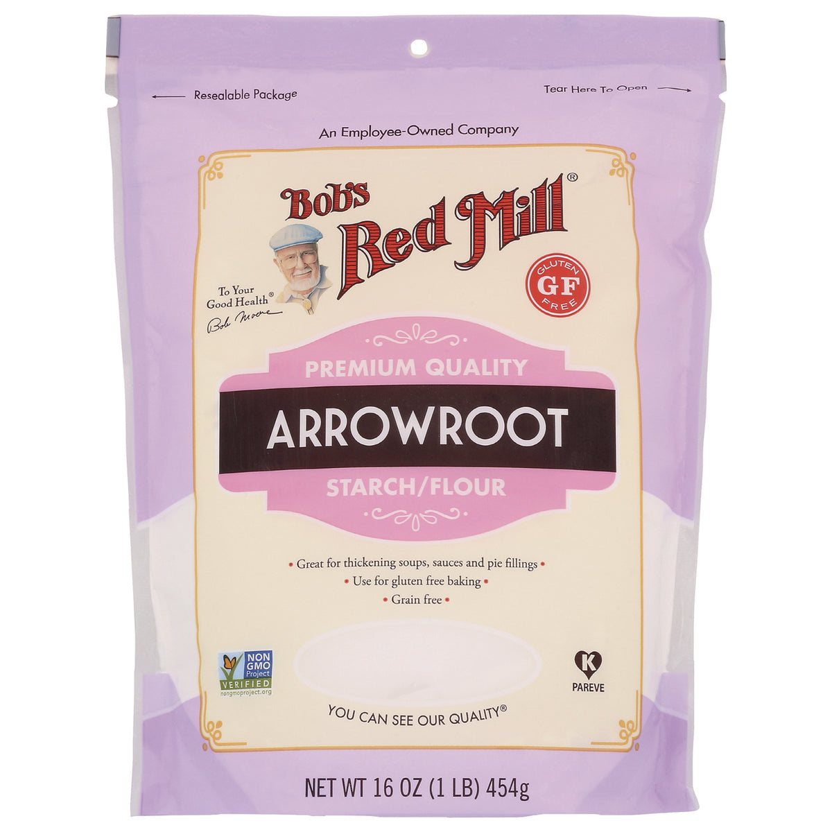 BOB291 | Bob's Red Mill Arrowroot starch flour 16 oz resealable pouch with gluten free badge