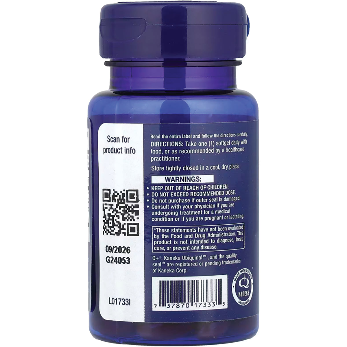 LE298 | Back label of blue supplement bottle showing directions, warnings, QR code, barcode, and expiration 09/2026