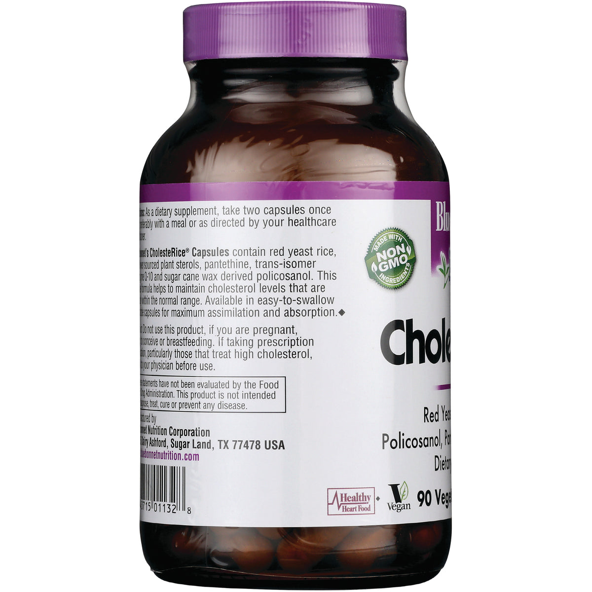 BLU070 | side label of brown supplement bottle showing ingredient text, non-GMO seal and barcode