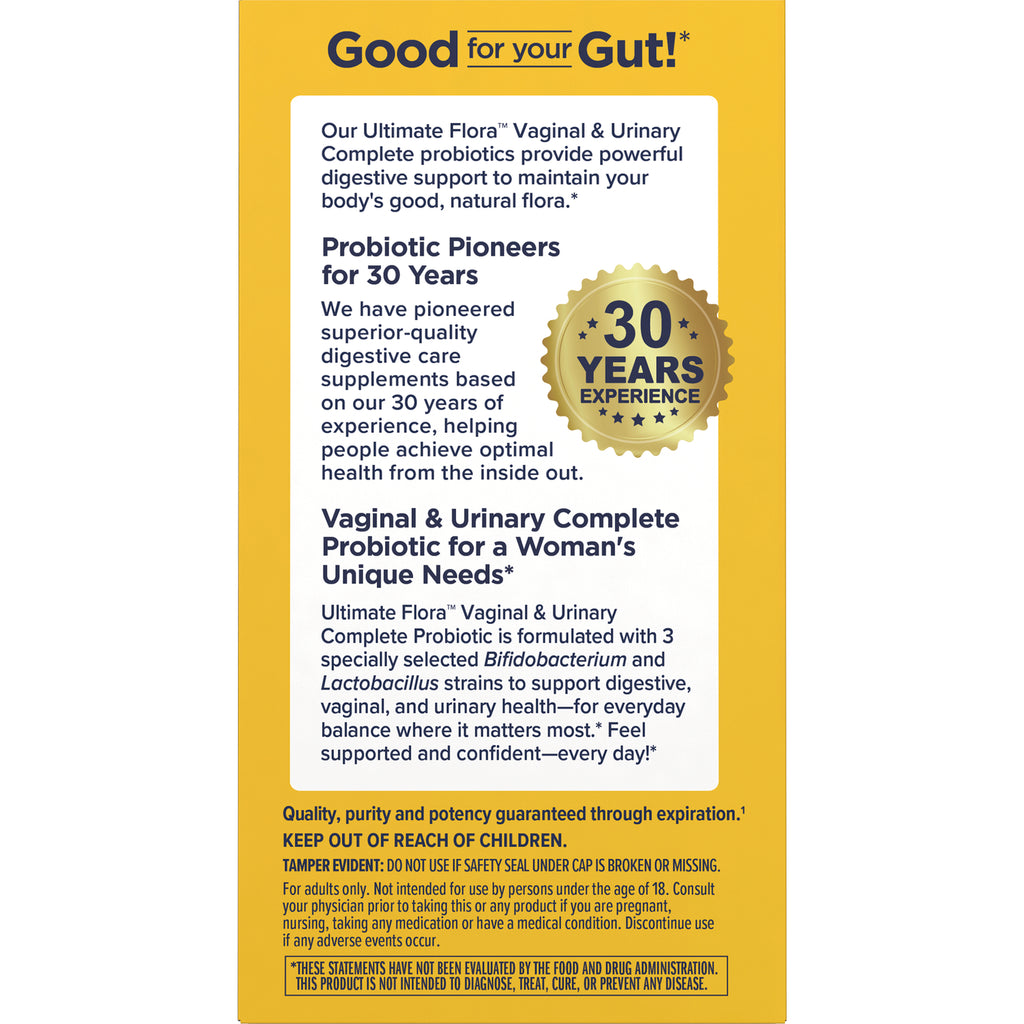 RNL251 | Back panel of probiotic box showing Good for your Gut! headline, 30 years experience badge, product benefits and warnings - Thumbnail