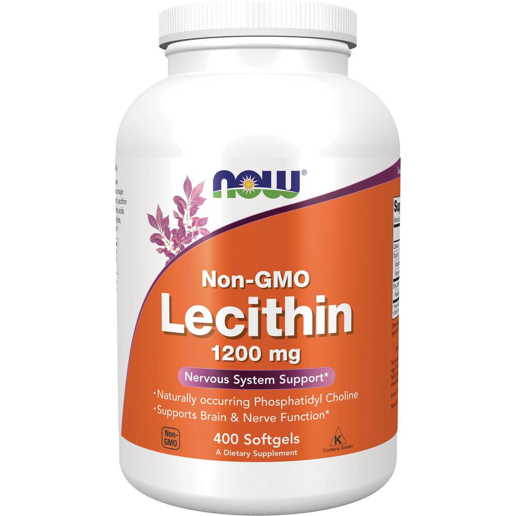 NWF892 | NOW Non-GMO Lecithin 1200 mg white bottle with orange label, 400 softgels - Thumbnail