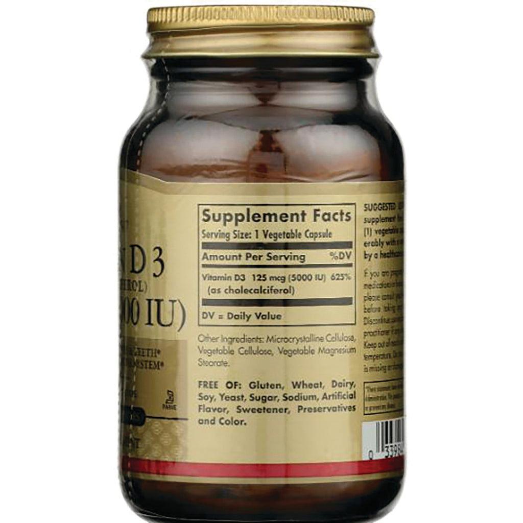 SLG248 | Back of amber supplement bottle showing Supplement Facts panel listing Vitamin D3 125 mcg (5000 IU), ingredients and barcode - Thumbnail