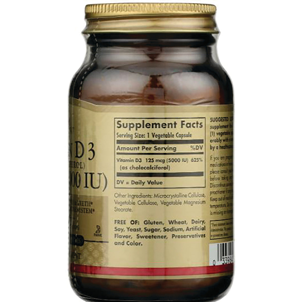 SLG248 | Back of amber supplement bottle showing Supplement Facts panel listing Vitamin D3 125 mcg (5000 IU), ingredients and barcode