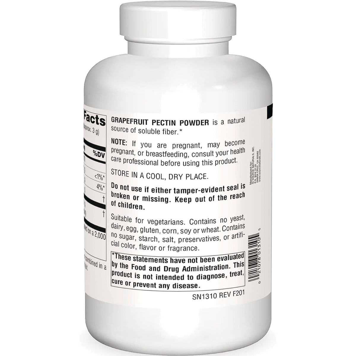 SN789 | Back label showing Supplement Facts and Grapefruit Pectin Powder directions and warnings