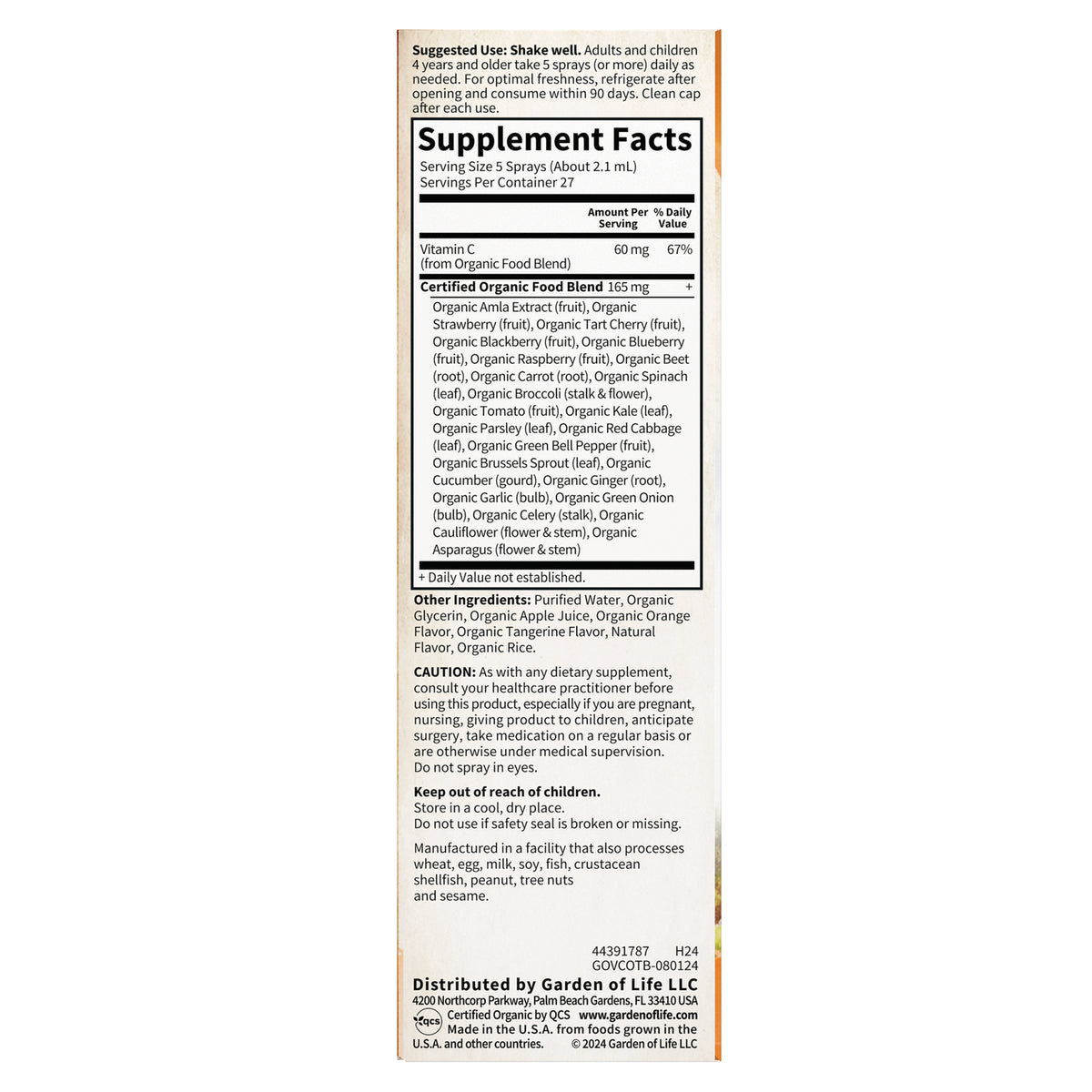 GLF217 | Supplement Facts and ingredient list on product back panel with serving size, organic food blend, and cautions