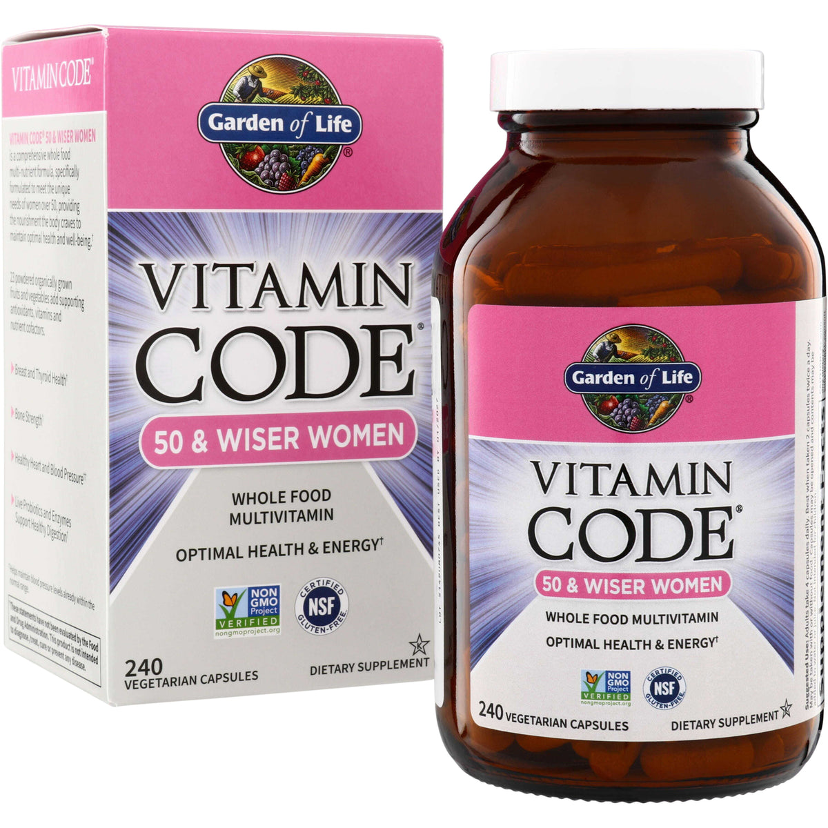 GLF097 | Garden of Life Vitamin Code 50 & Wiser Women whole food multivitamin, 240 vegetarian capsules
