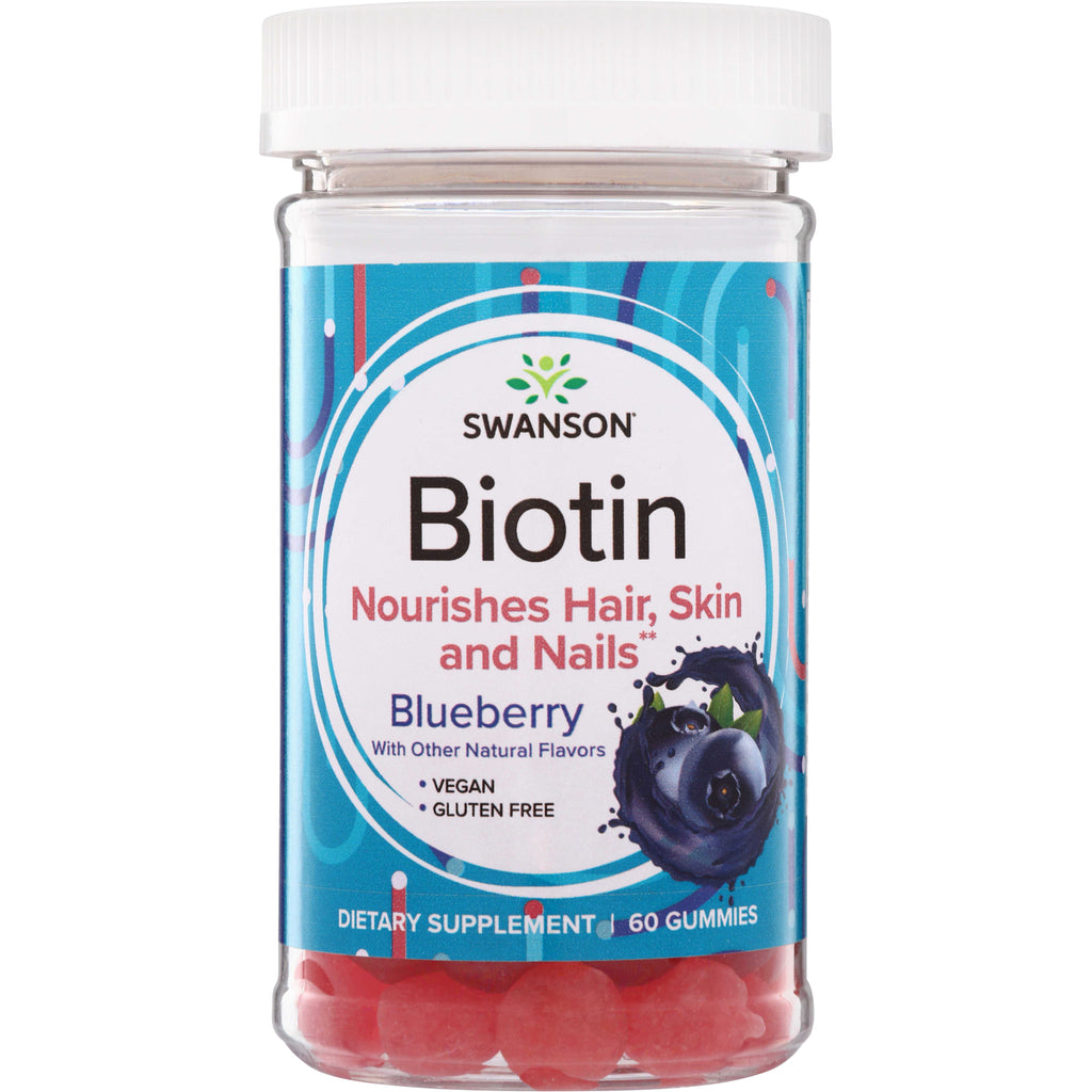 SW1860 | Swanson Biotin blueberry gummies, nourishes hair, skin and nails, 60 gummies, vegan, gluten free - Thumbnail