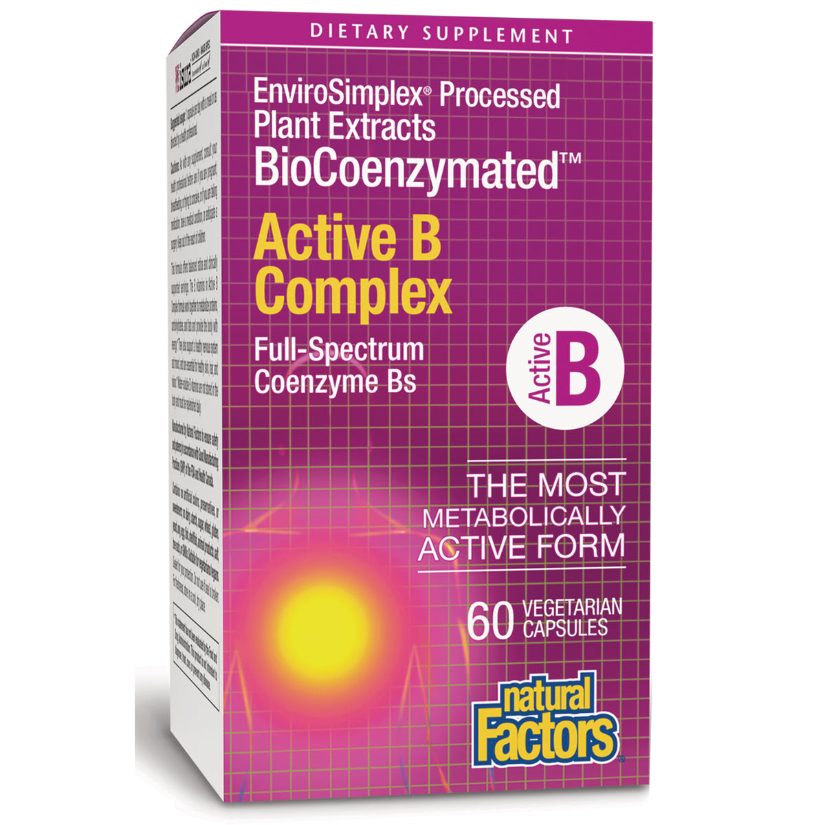NFC213 | Active B Complex front box, purple grid design, 60 vegetarian capsules, Natural Factors logo