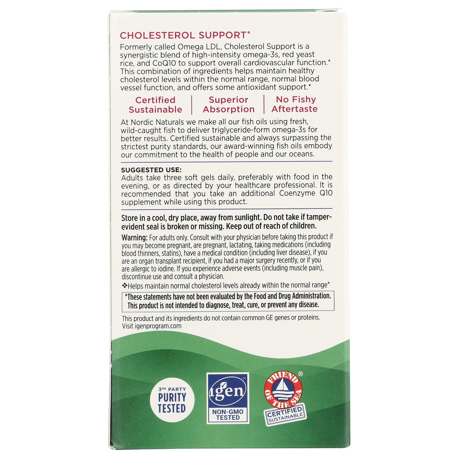 NRN025 | back of Cholesterol Support supplement box with suggested use, warnings, and certification icons