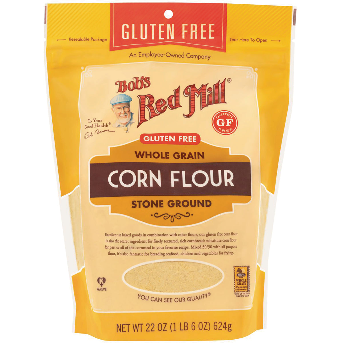 BOB296 | Bob's Red Mill gluten free whole grain corn flour stone ground front pouch 22 oz