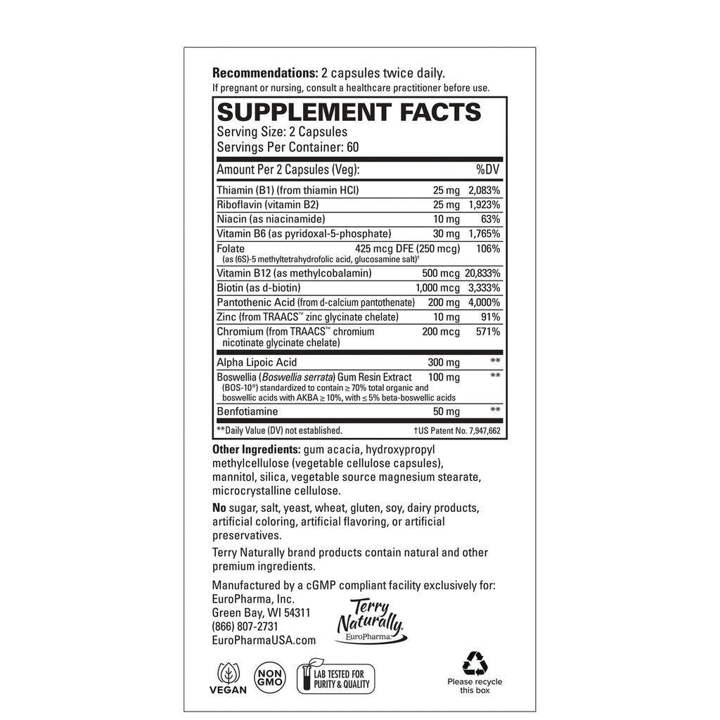 EUR070 | back label showing SUPPLEMENT FACTS panel with serving size, ingredient list, manufacturer details and certification icons - Thumbnail