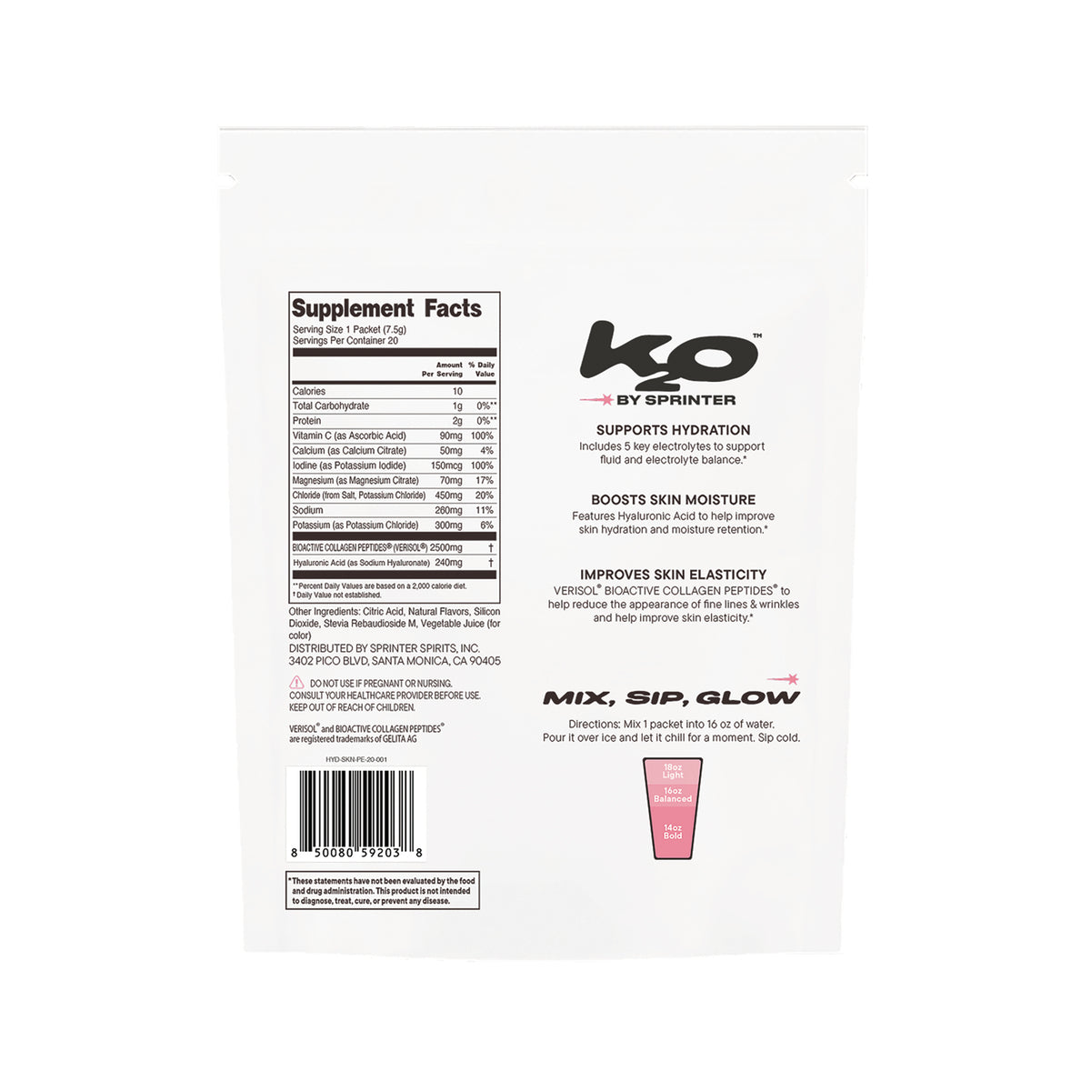 KTO002 | Back panel with Supplement Facts, hydration claims, directions, and barcode