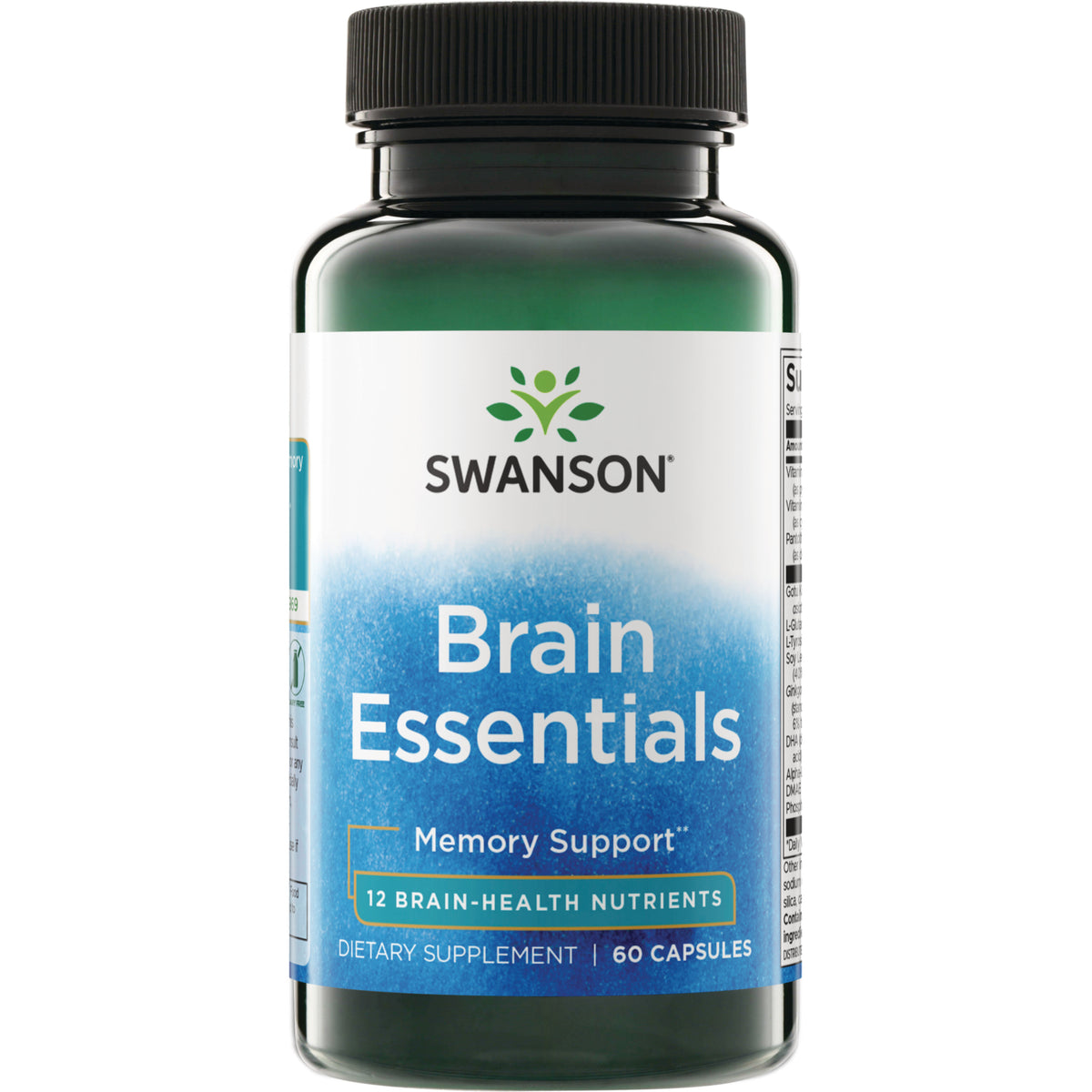 SWC094 | Swanson Brain Essentials supplement bottle, Memory Support, 12 brain-health nutrients, 60 veggie capsules