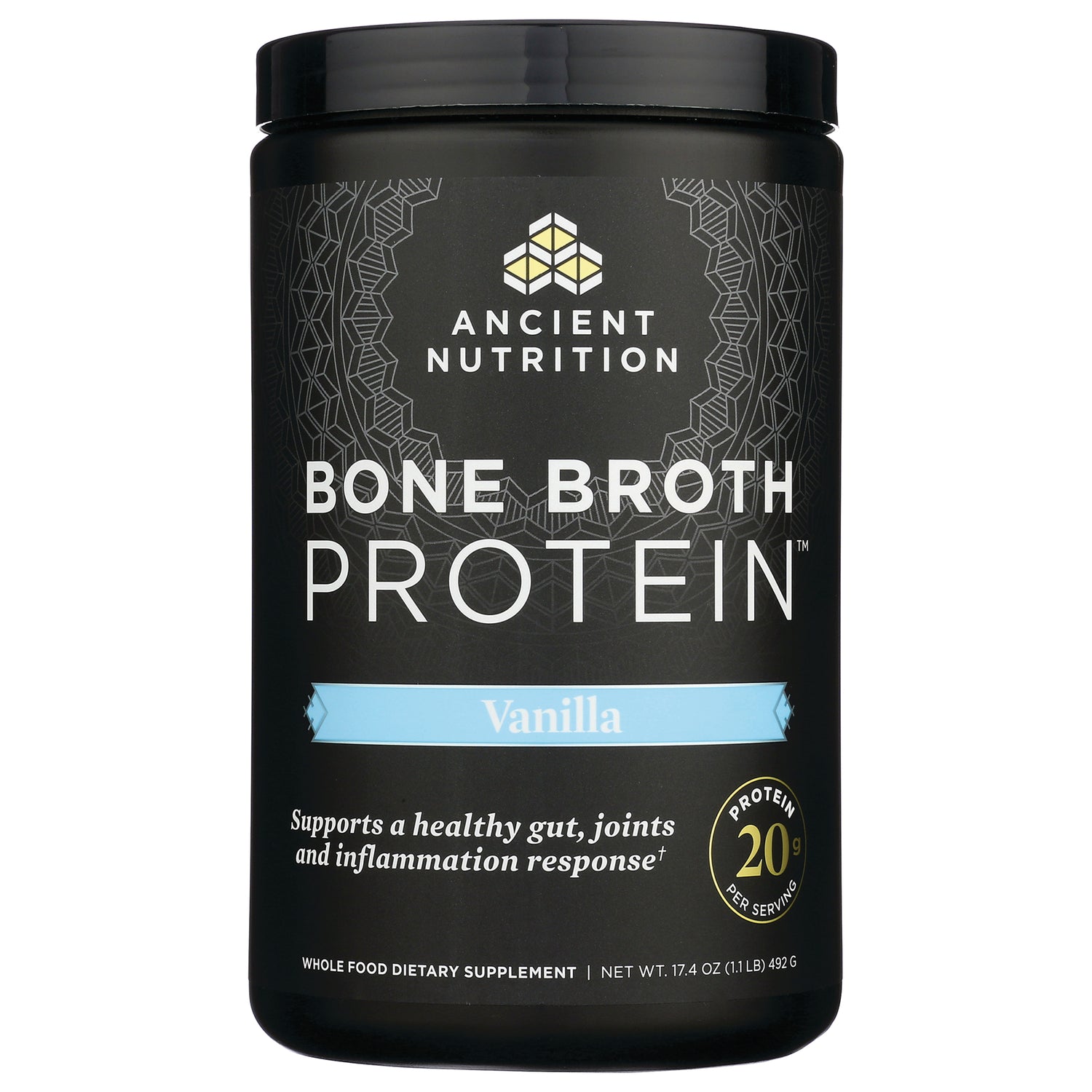 ATN002 | Ancient Nutrition Bone Broth Protein Vanilla powder tub front label showing 20g protein per serving