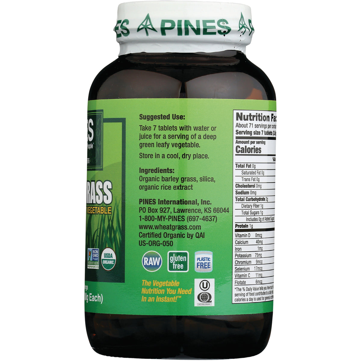 PNN002 | Back label of wheatgrass supplement bottle showing suggested use, ingredients, and nutrition facts