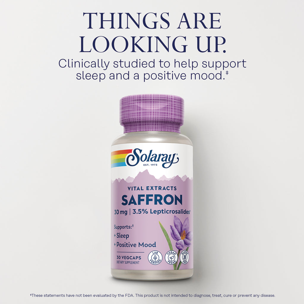 SLR545 | Solaray Vital Extracts Saffron bottle with purple label reading 30 mg 3.5% Lepticrosalides supporting sleep and positive mood - Thumbnail