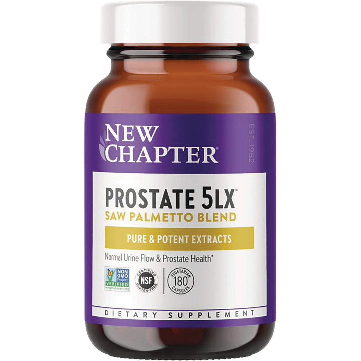 NWC272 | New Chapter Prostate 5LX Saw Palmetto Blend dietary supplement bottle with purple label, 180 vegetarian capsules