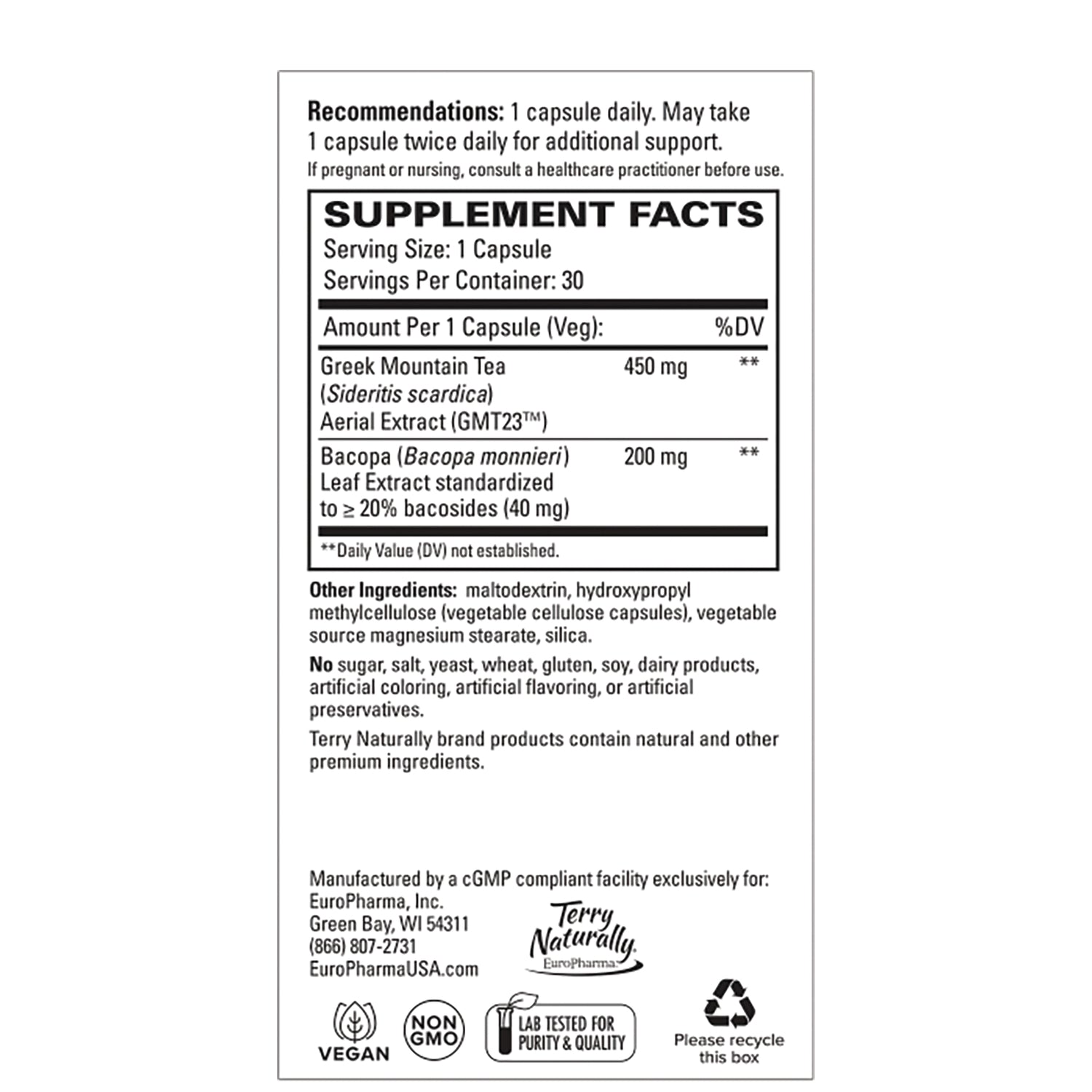 EUR067 | Supplement Facts back label showing serving size 1 capsule, Greek Mountain Tea 450 mg, Bacopa 200 mg, other ingredients and vegan non-GMO lab tested icons