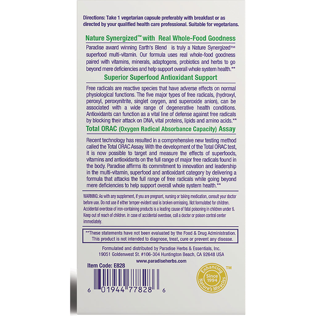 PRH011 | product infographic back panel with directions, Total ORAC description, warnings and barcode - Thumbnail